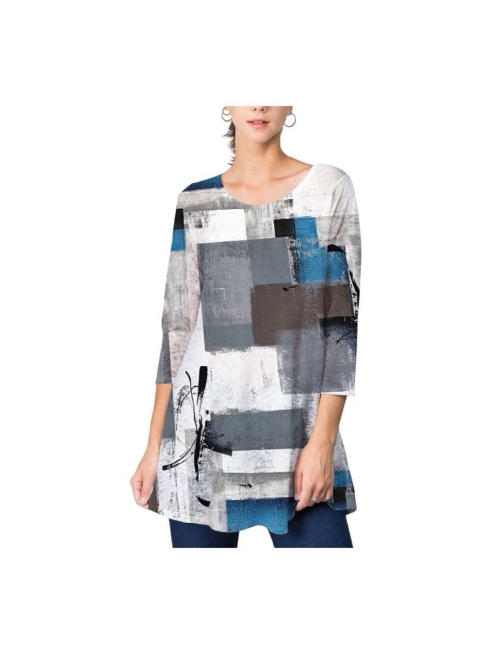 Et’Lois On The Bay Soft Knit Top Size Small 3/4 Sleeve Swing Tunic Blue White